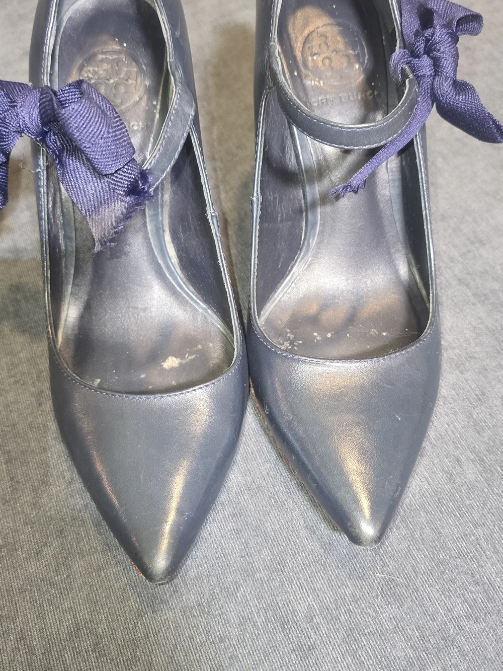 Tory Burch Navy Blue Leather Pointed Toe Mary Jane Ribbon Pumps Heels Size 7.5 M